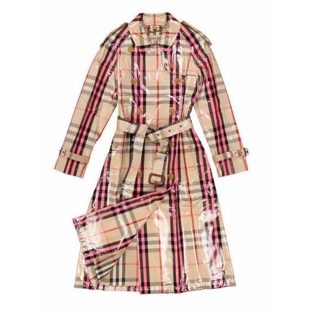 Burberry Beige Plaid Trench Coat with Pink and Black Stripes